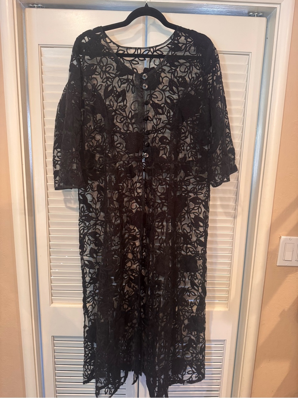 Spooky vibes Black Floral Lace PartialButton-Front Closure Duster